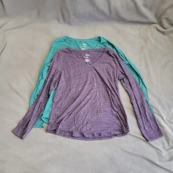KOHLS SONOMA Shirt Womens Large Vneck Long Sleeve Green Purple Curved Hem 2PC - Picture 1 of 13